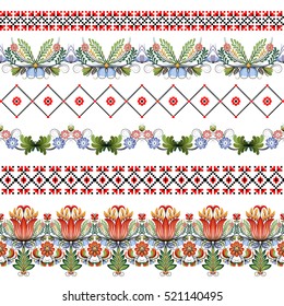 Vector set of six seamless borders. Style of Petrykivka and embroidery stitch in red and black. Traditional Ukrainian ornamental folk art. 