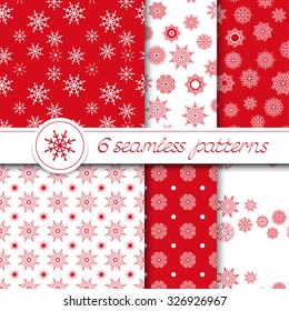 Vector set of six seamless Christmas pattern with snowflakes. In red and white colors.