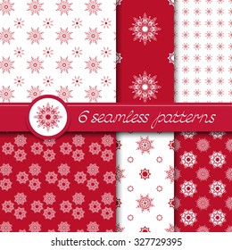 Vector set of six seamless Christmas pattern with snowflakes. In red and white colors.