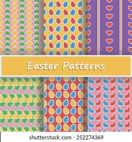 Vector set of six seamless Easter patterns. Each pattern is on a separate layer for easy editing. The drop shadows are on separate layers too, so they are easy to remove.