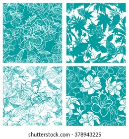 Vector set of six seamless floral patterns with flowers and leafs