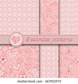 Vector set of six seamless hand drawn patterns for Valentine's Day. In pink color.