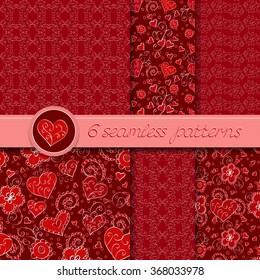 Vector set of six seamless hand drawn patterns for Valentine's Day. In red  color.