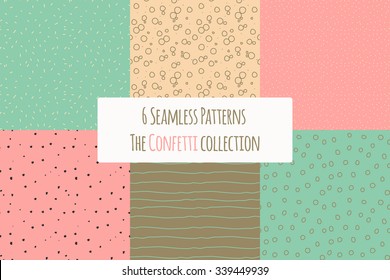 Conjunto vectorial de seis patrones hipster sin fisuras. Esbozar fondos con ondas, anillos y puntos de polka. Huellas de hipster dibujadas a mano con doodles. Diseño gráfico moderno.