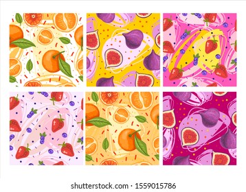 Vector set of six seamless patterns with fruit and berries. Natural fruitarian textures for apparel, wrapping paper, textile, kitchen décor, tapestry. 