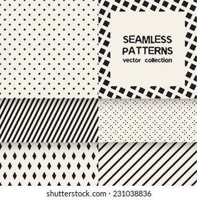 Vector set of six seamless patterns. Monochrome geometric patterns. Simple striped textures, backgrounds with rhombuses and squares