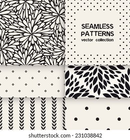 Vector set of six seamless patterns. Floral and polka dots repeating backgrounds. Monochrome collection