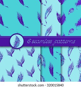 Vector set of six seamless patterns with stylized fantastical feathers. Collection of patterns in blue colors.