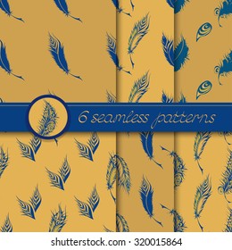 Vector set of six seamless patterns with stylized fantastical feathers. Collection of patterns blue and beige colors.