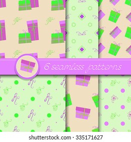 Vector set of six seamless patterns with gift boxes and bows, in violet and green colors.