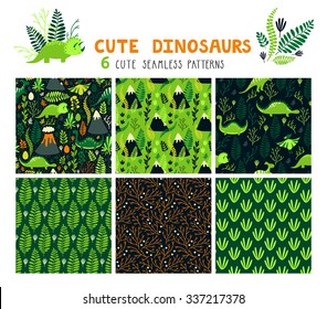 Vector set of six seamless patterns with dinosaurs, floral elements and mountains. Childish bright repeated textures with cartoon characters for wallpaper, fabrics and different surfaces.