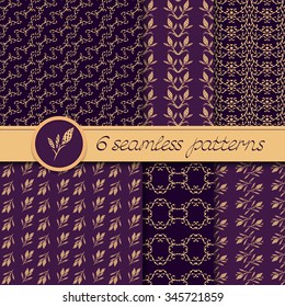 Vector set of six seamless patterns with hand drawn floral elements. In purple and orange light colors. 
