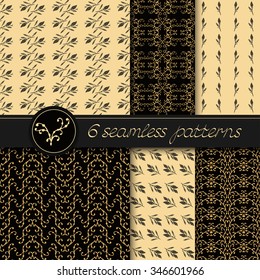Vector set of six seamless patterns with hand drawn floral elements. In black, gray and yellow colors. 