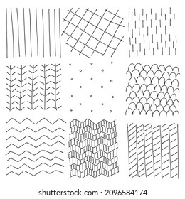 Vector set with six simple white and black textures. Pattern with lines and dots. Illustration for fabric, textile, your design.