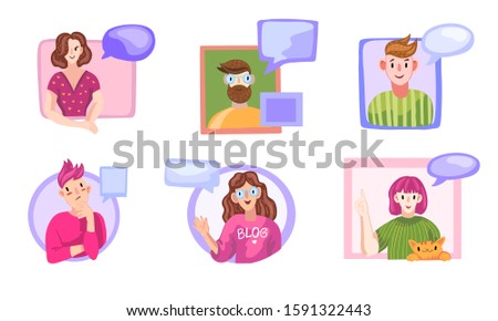 Vector set of six smiling young people with speech bubbles. Face avatars of speaking cute boys and girls in modern cartoon style isolated on white. Stock illustration for articles, blogs, web sites