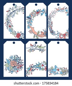 vector set of six tags with floral elements and garlands