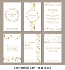 Vector Set Of Six Templates With Gold Ornament. Vintage Wedding Invitation And Greeting Cards With Floral Elements (wreath, Border, Pattern)