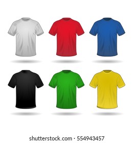 Vector set of six T-shirts in different colors: white, red, blue, black, green and yellow colors