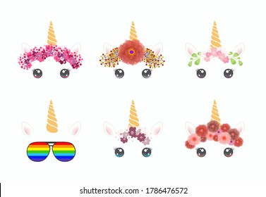 Vector set of six unicorn ornaments for children's party. Cute decorations are made in a cartoon kawaii style with beautiful grazas and colorful flowers. Suitable for baby shower and birthday