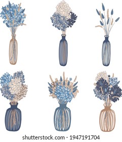 vector set of six vases with flowers and dried flowers in boho style in blue and beige tones on a white background