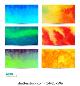 Vector set of six watercolor  abstract hand drawn background,vector illustration, stain watercolors colors wet on wet paper. Watercolor composition for scrapbook elements