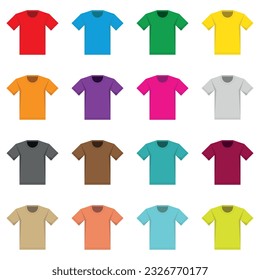 Vector set of sixteen colorful short sleeve t-shirts on white background.