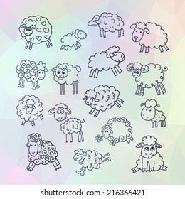 Vector set of sixteen cute sheep