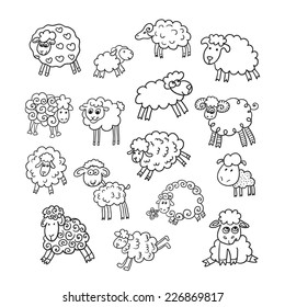 Vector set of sixteen cute sheep