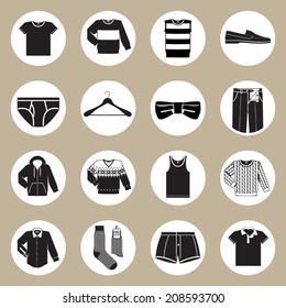 Vector set of sixteen different black and white men wear (fashion) circle icons on beige background 