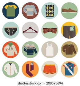 Vector set of sixteen different colorful men wear (fashion) circle icons isolated