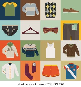 Vector set of sixteen different colorful men wear (fashion) square icons I Colorful background featuring different men wear items 