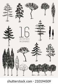 Vector set of sixteen different tree ink pen drawings | Vintage trees drawings collection, black on milk white