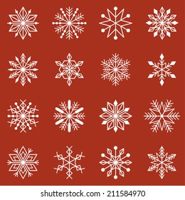 Vector set of sixteen different white snowflake silhouettes on red background | Large collection of uniform styled snowflakes | Seamless snowflakes pattern 