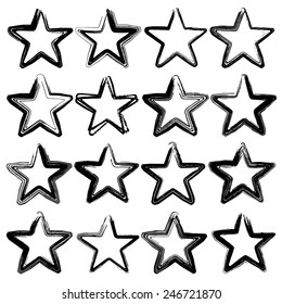 Vector set of sixteen grunge stars brush strokes. Design elements. Vintage star. Retro star.