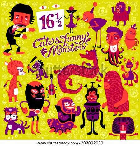 Vector set of sixteen and a half cute and funny monsters, sweet characters, doodles and creatures. Author's illustration