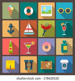 Vector set of sixteen recreation icons in flat design style