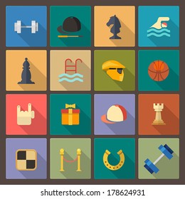 Vector set of sixteen sport icons in flat design style
