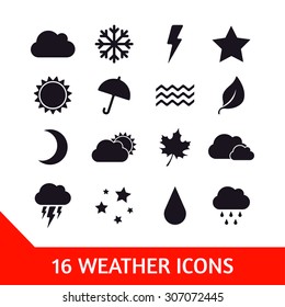 Vector set of sixteen weather icons. Nature illustration