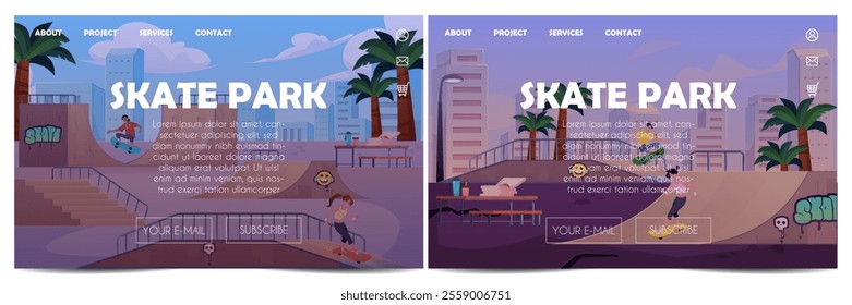 Vector set of skate park posters with a girl and a guy on skateboards. Ramps, palm trees and graffiti reflect the active summer life in the city.