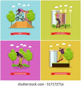 Vector set of skate sports. Skateboarding, rollerblading, kick scooter and bmx. Summer activities. Active lifestyle. Flat design