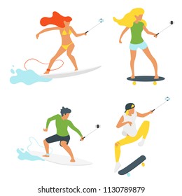 Vector set of skateboarders and surfers making selfie or video blogging while riding.Young man and woman characters.