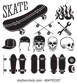 Vector set of skateboarding designer elements. Skates, flames, skull, helmet, cap.