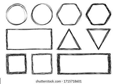 Vector set of sketch abstract doodles. Square, circle, triangle, rectangle, hexagon. Vector illustration.