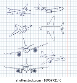 Conjunto de vectores de aviones de esbozo. Aviones de aviación civil. Vista lateral, frontal, trasera y superior.