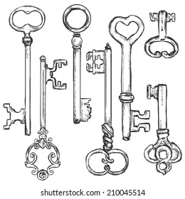 Vector Set of Sketch Antique Keys. Types of keys