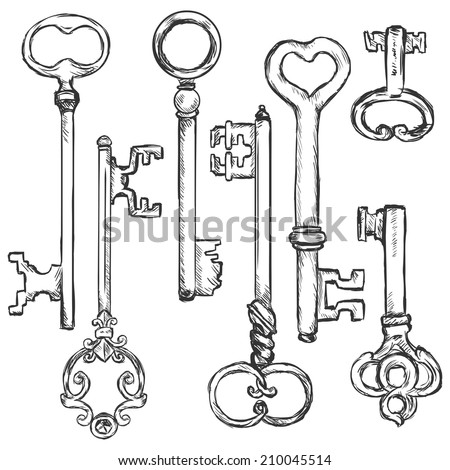 Vector Set of Sketch Antique Keys. Types of keys