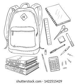 Vector Set of Sketch Backpack and School Supplies. Stationery, Books and Notepad.