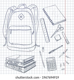 Vector Set of Sketch Backpack and School Supplies. Stationery, Books and Notepad.