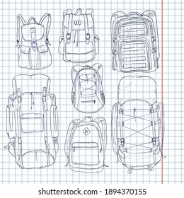 Vector Set of Sketch Backpacks on Checkered Paper