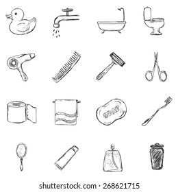 Vector Set of Sketch Bathroom and Hygiene Icons.